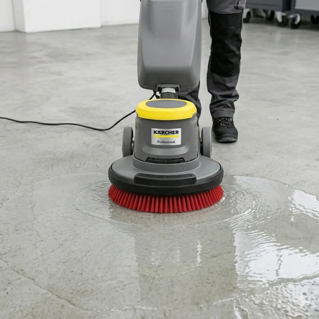 Nanoszenie roztworu czyszczącego na tapicerkę z odległości 15 cm przy użyciu pompy natryskowej odkurzacza Karcher