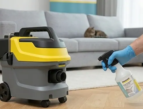 Nanoszenie roztworu czyszczącego na tapicerkę z odległości 15 cm przy użyciu pompy natryskowej odkurzacza Karcher